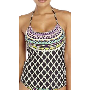 Trina Turk Kon Tiki Black and Yellow Tankini Swim Top Sz 4